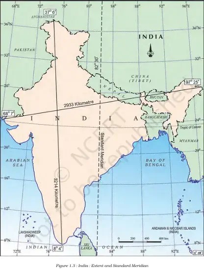 India - Extent and Standard Meridian - NCERT Geography Class 9 Chapter 1 India And The World Notes & PDF - E-book NCERT