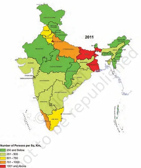 Density of Population (Census of India 2011) - NCERT Geography Class 9 Chapter 6 Population Size And Distribution Notes & PDF - E-book NCERT