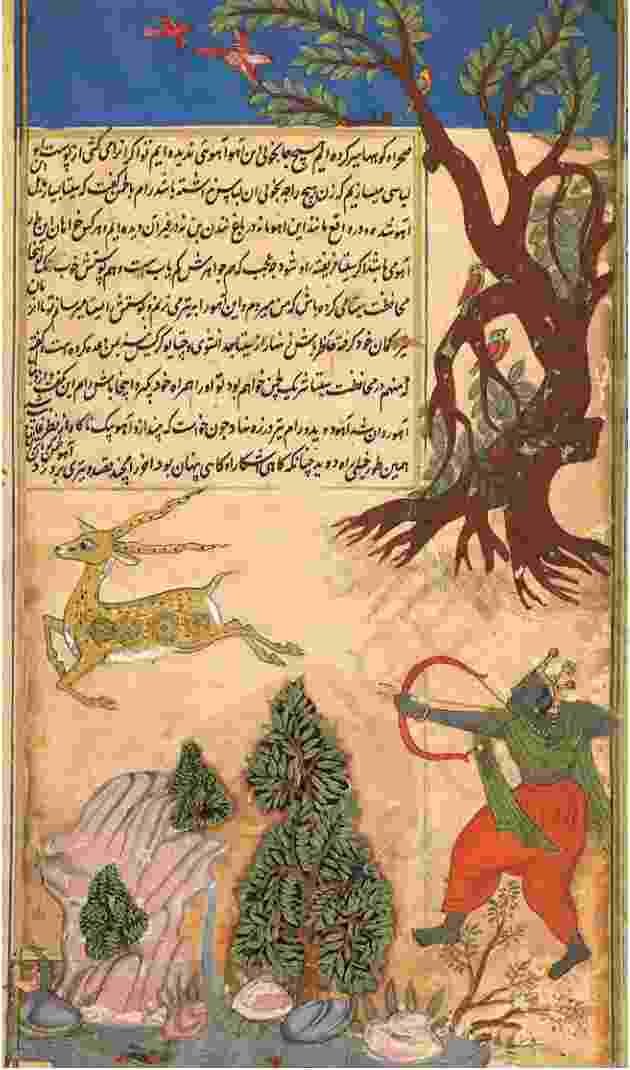 A miniature painting illustrating the Persian translation of the Ramayana and depicting the well-known episode of Rama chasing the golden deer - The Mughals - E-book NCERT