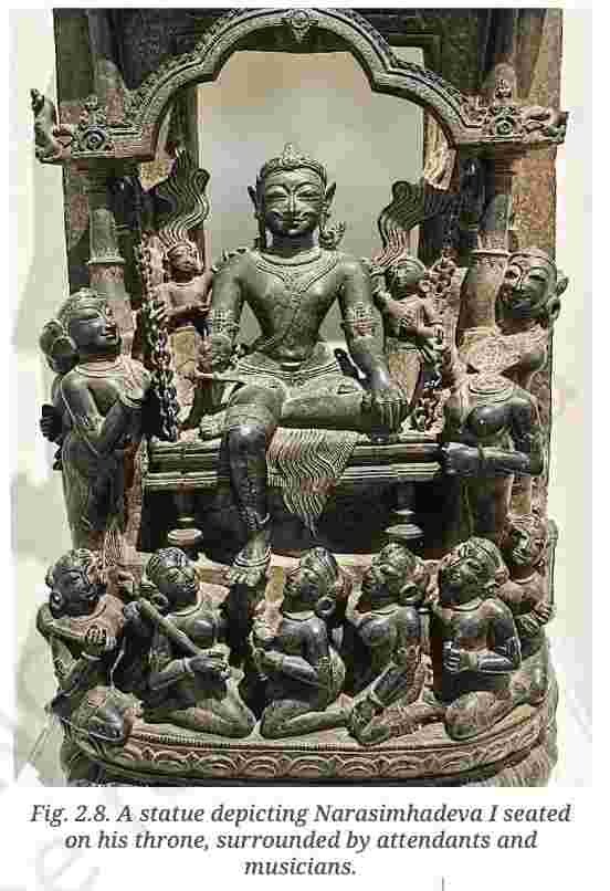 A statue depicting Narasimhadeva I seated on his throne surrounded by attendants and musicians - Rise and Fall of The Delhi Sultanate - E-book NCERT-30kb