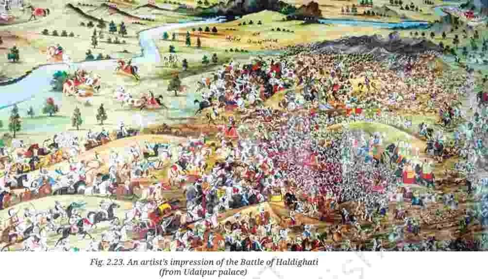 An artists impression of the Battle of Haldighati - Resistance to the Mughals - E-book NCERT