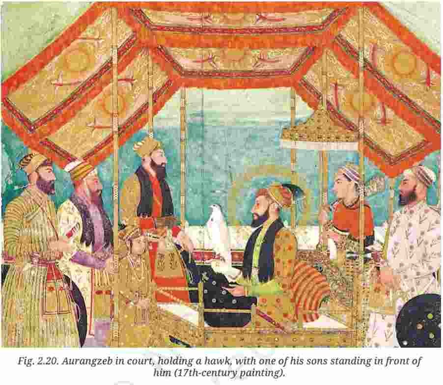 Aurangzeb in court holding a hawk with one of his sons standing in front of him 17th-century painting - The Mughals - E-book NCERT