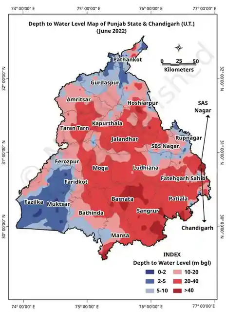 Depth to water level map of Punjab and Chandigarh, June 2022 - Responsible and Wise Use of Natural Resources - Stewardship - E-book NCERT
