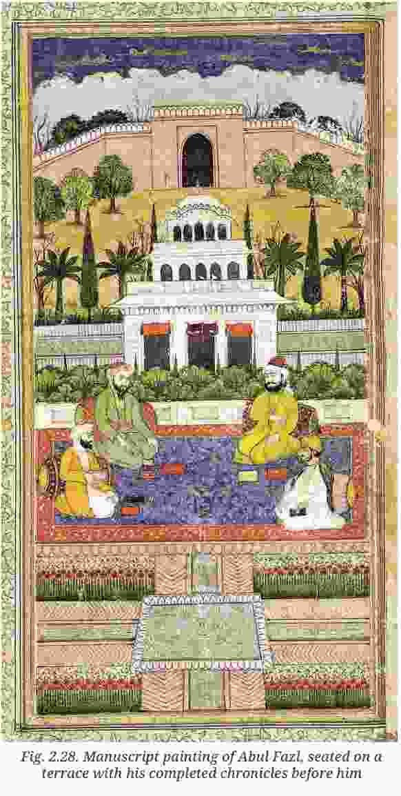 Manuscript painting of Abul Fazl seated on a terrace with his completed chronicles before him - Administering India - E-book NCERT