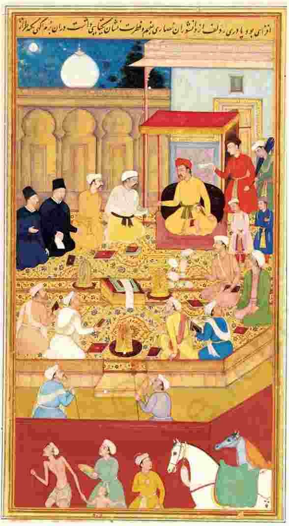 Painting showing Akbar in his court receiving scholars including two Jesuits dressed in black - The Mughals - E-book NCERT