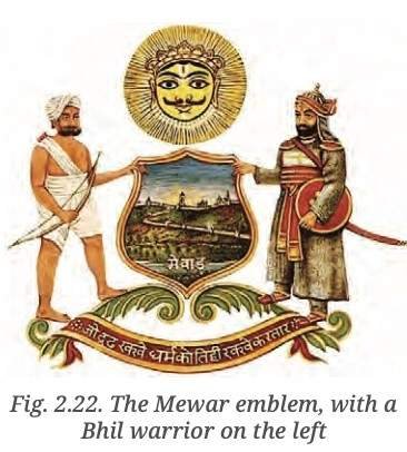 The Mewar emblem with a Bhil warrior on the left - Resistance to the Mughals - E-book NCERT