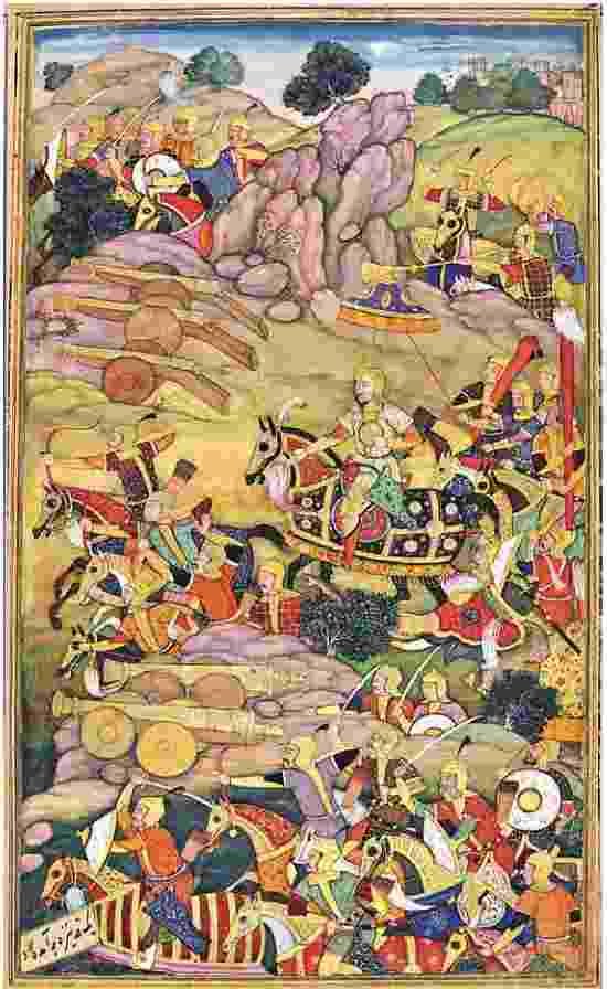 The battle of Panipat as depicted in a copy of the Baburnama. Note the use of cannons - The Mughals - E-book NCERT