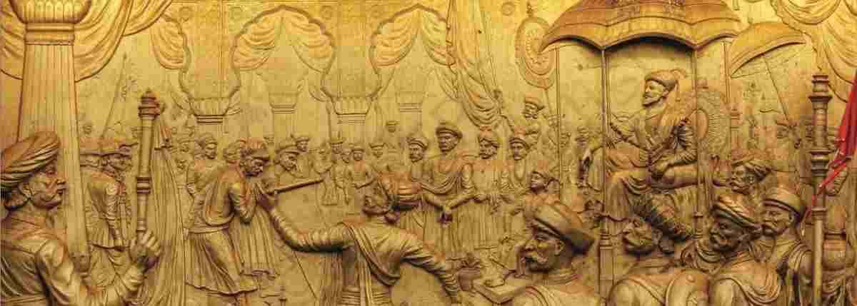 A court scene with Chhatrapati Shivaji on his throne receiving visitors - Foundation of Maratha Power and the Rise of Chhatrapati Shivaji - E-book NCERT