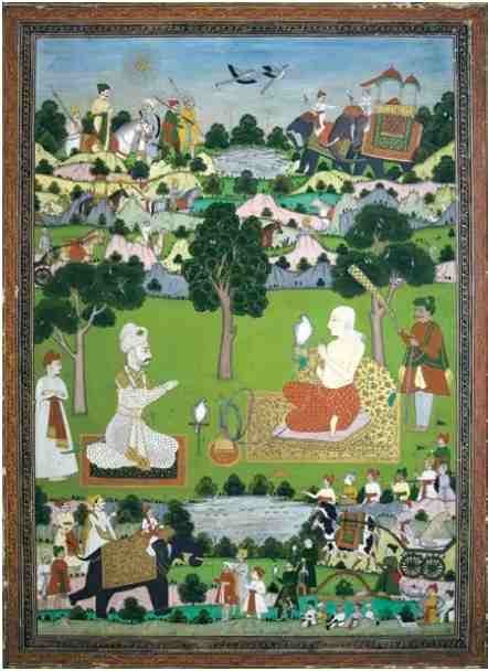 Chhatrapati Shahu Maharaj Sambhajis son seated right and sporting a falcon in counsel with Nanasaheb Peshwa - The Marathas After Chhatrapati Shivaji - E-book NCERT